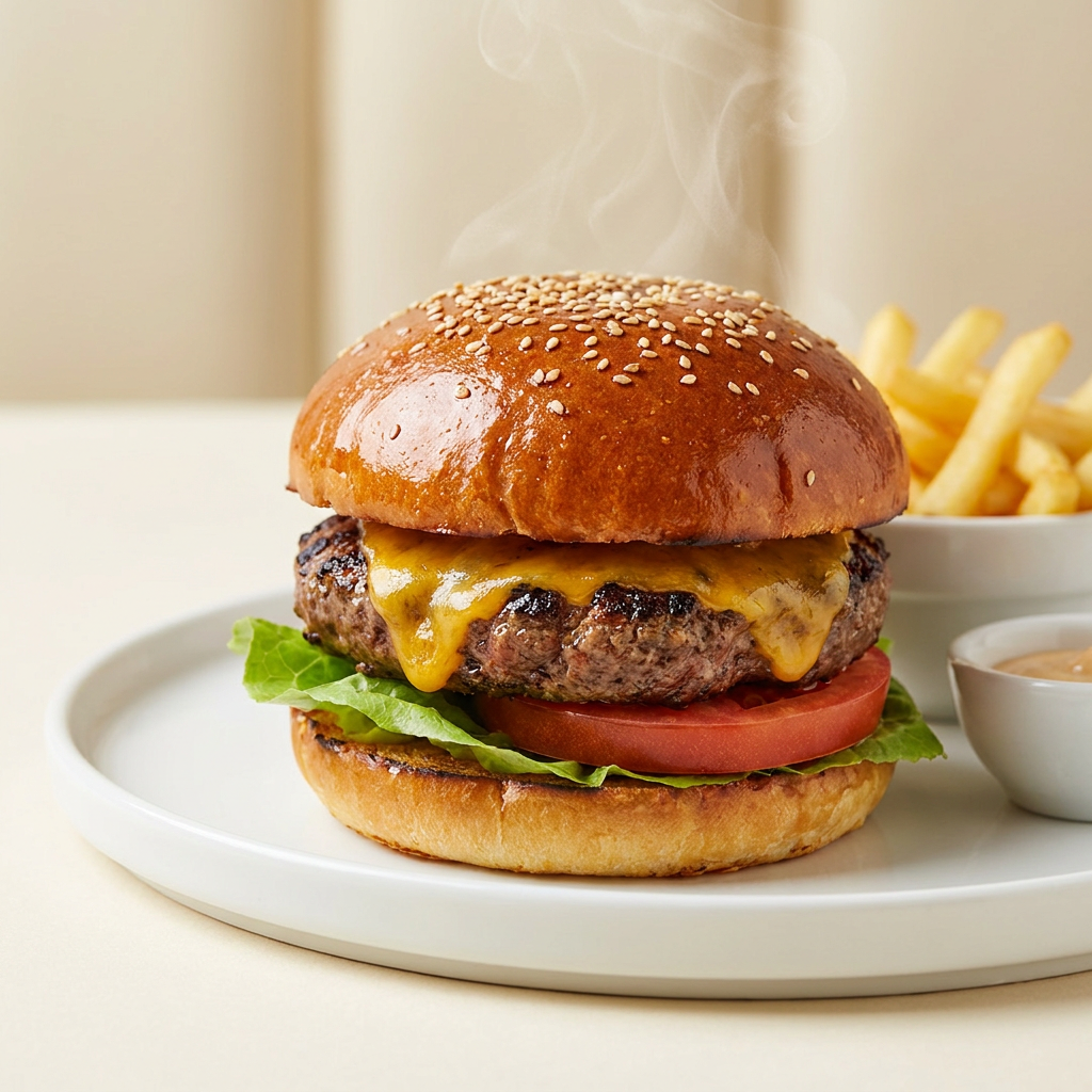 Hambúrguer gourmet — exemplo de prato animado no PlayMenu