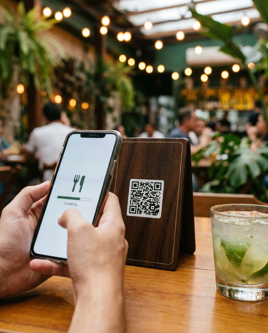 Cliente escaneando QR code do PlayMenu na mesa do restaurante